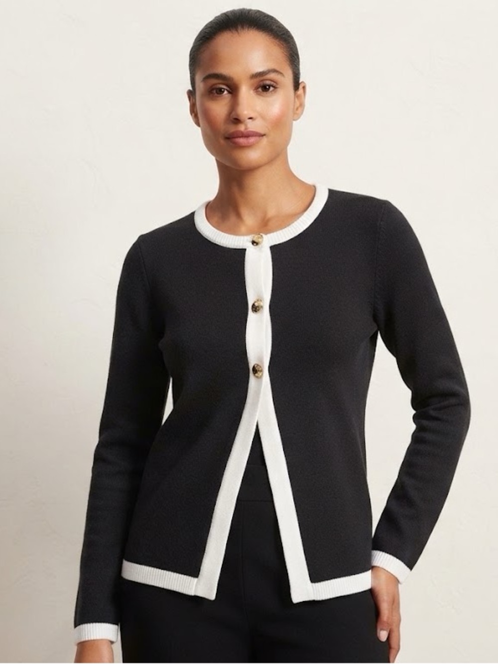 By Design -Black + White Contrast-Trim Knot Cardigan woth Gold Buttons Women